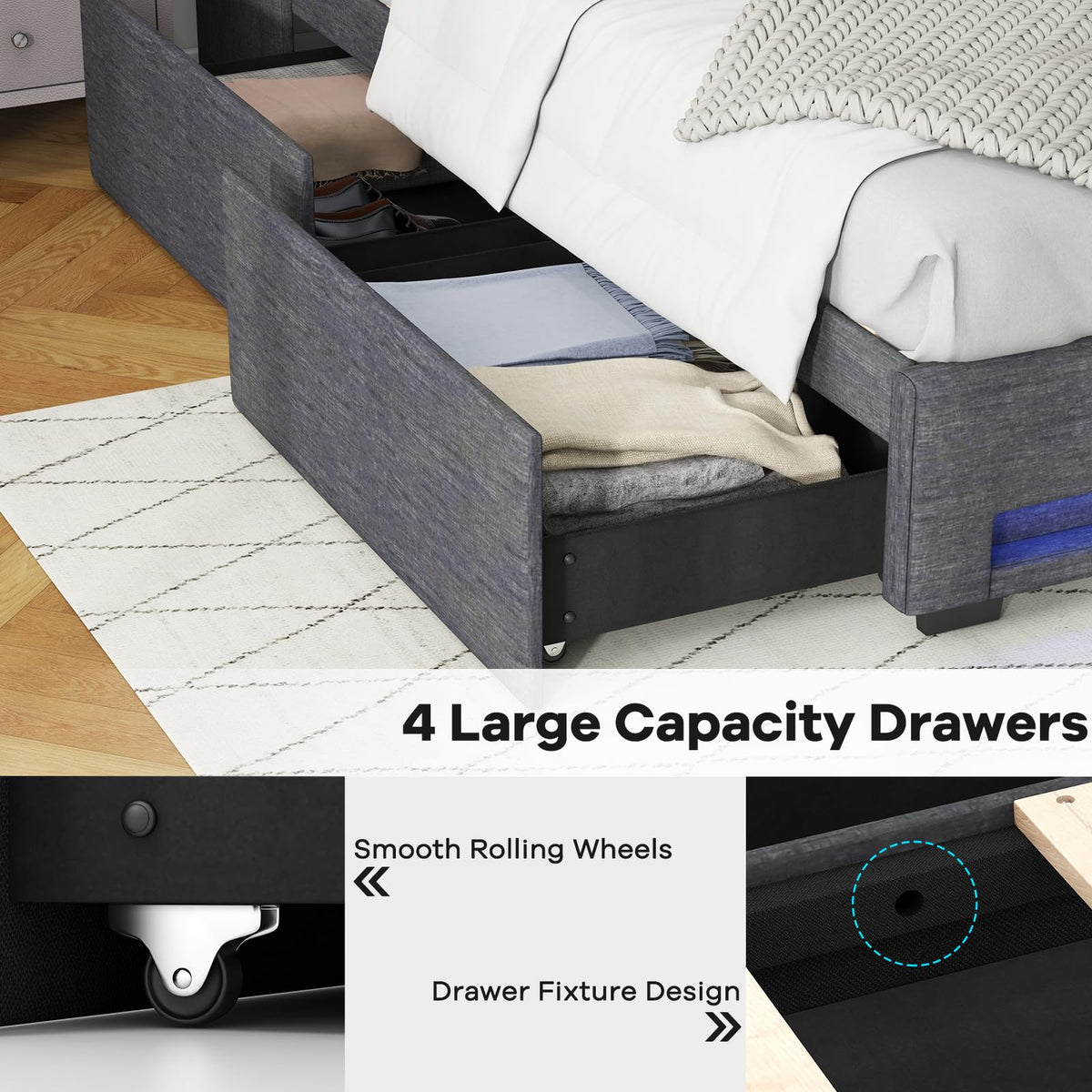 Goflame Full Size Bed Frame with LED Lights & Charging Station, Upholstered Platform Bed with Wingback Headboard