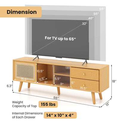Goflame Bamboo TV Stand for 55 60 65 Inch TV, PE Rattan Entertainment Center with Sliding Doors