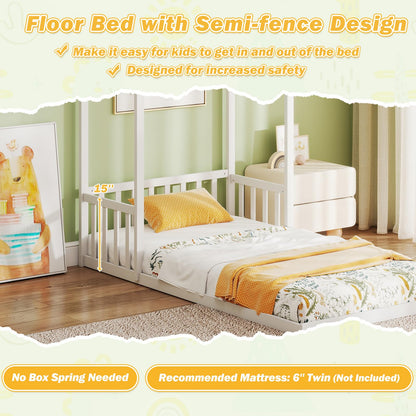 Goflame Twin Size House Bed Montessori Floor Bed with House Shape Roof & Semi-Fence