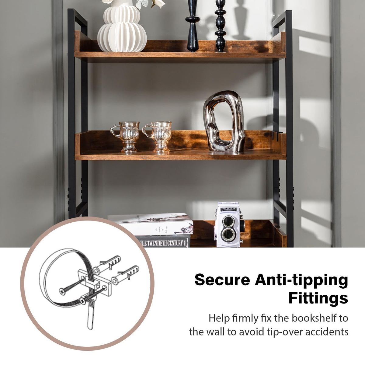 Goflame Industrial 6-Tier Bookshelf, 70" Tall Freestanding Storage Display Shelf with 4 Hooks