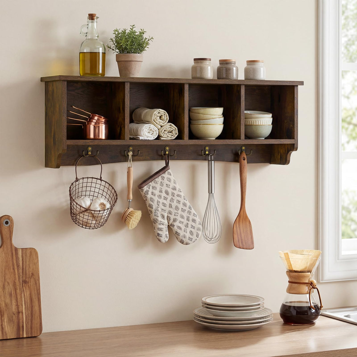 Goflame Wall Mounted Coat Rack with 4 Cubbies & 5 Double Hooks