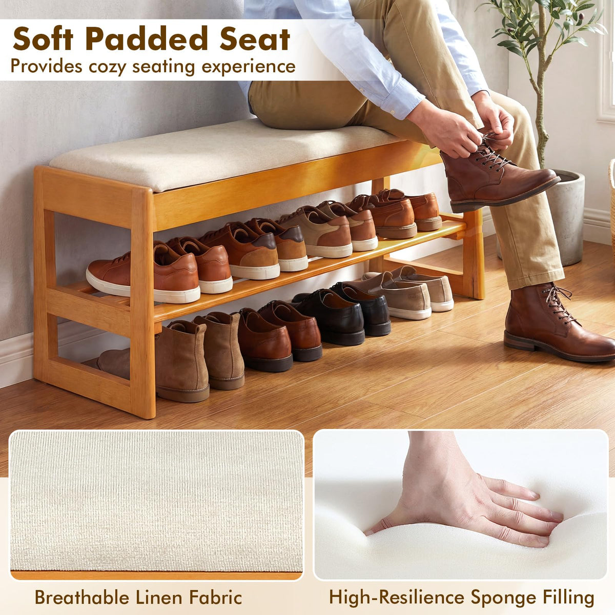 Goflame Rubberwood Shoe Rack Bench with Linen Seat Cushion