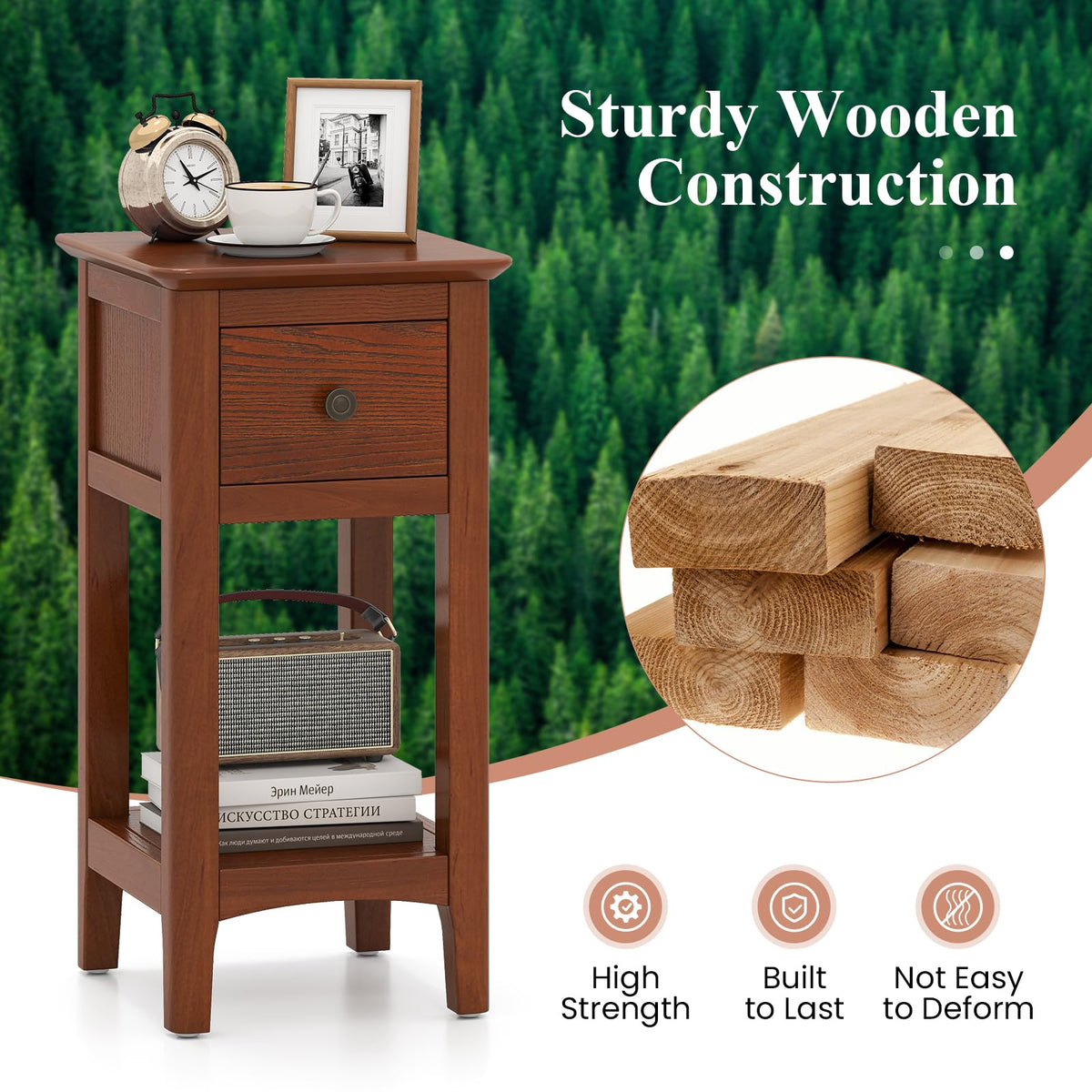 Goflame Narrow End Table with Drawer 23.5" H Side Table w/Open Storage Shelf & Solid Wood Frame
