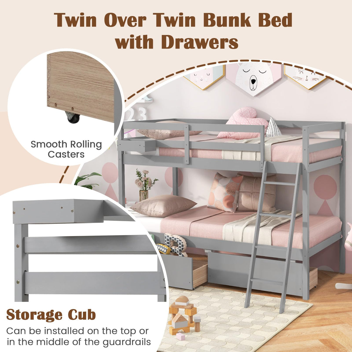 Goflame Bunk Bed Twin Over Twin with 2 Storage Drawers