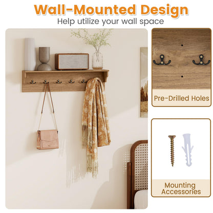 Goflame Wall-Mounted Storage Shelf | 31.5" Wooden Hanging Coat Rack with 6 Hooks