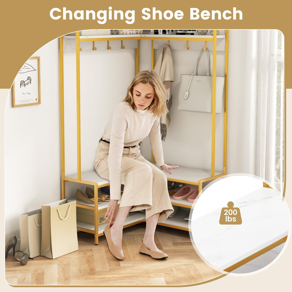 Goflame Corner Coat Rack with Shoe Bench, L-shaped Garment Rack with 5 Shelves & 7 Hooks