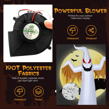 8 FT Halloween Inflatable White Ghost W/ Rotatable Flame LED Lights, Air Blower, Stake, Sandbag