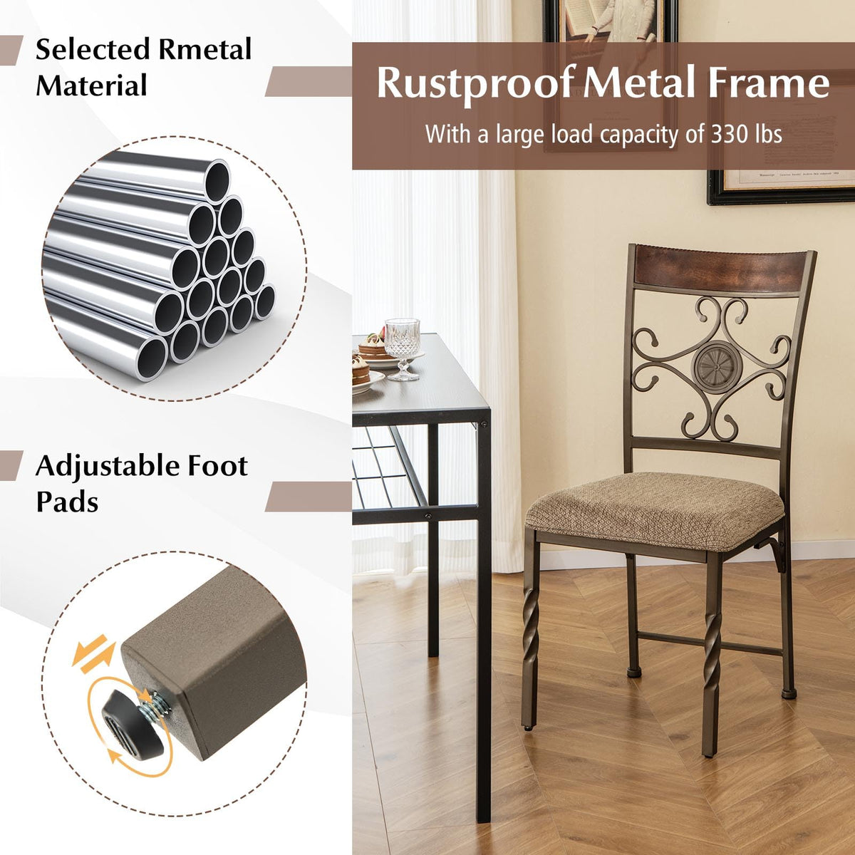 Goflame Upholstered Dining Chair Set, Vintage Metal Dining Chairs with Soft Padded Seat Cushion