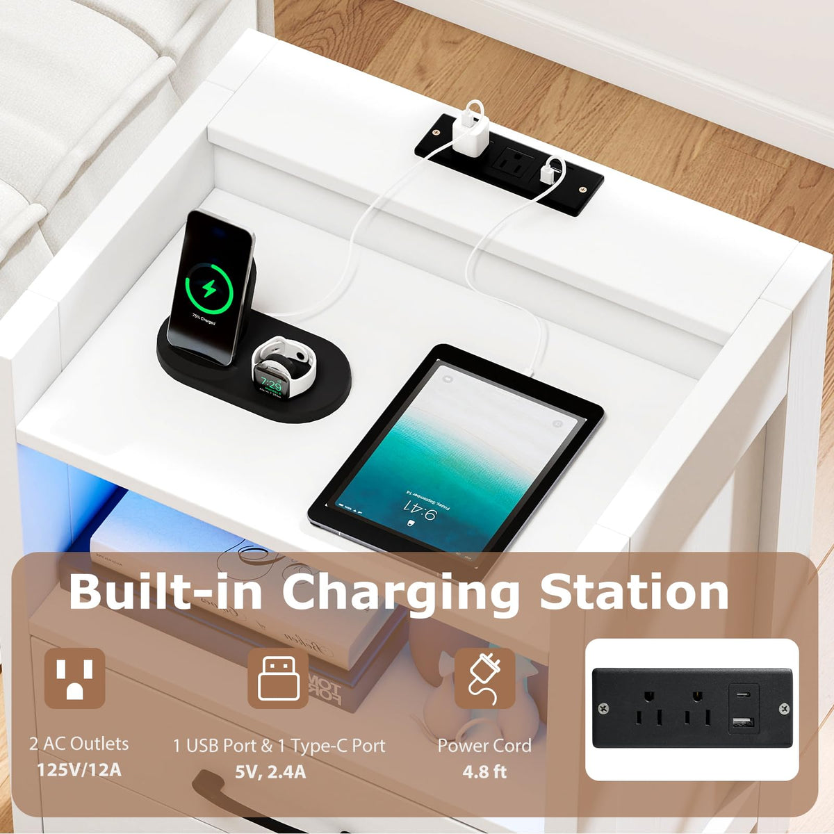 Goflame LED Nightstand with Charging Station Set of 1/2 Bedside Table