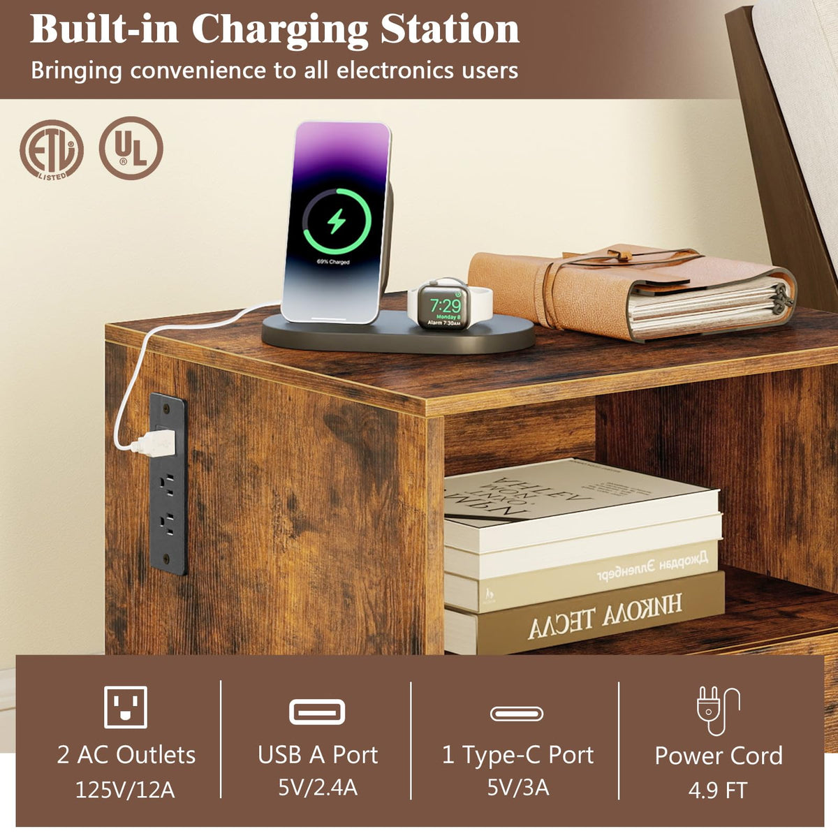 Goflame Nightstand with Charging Station
