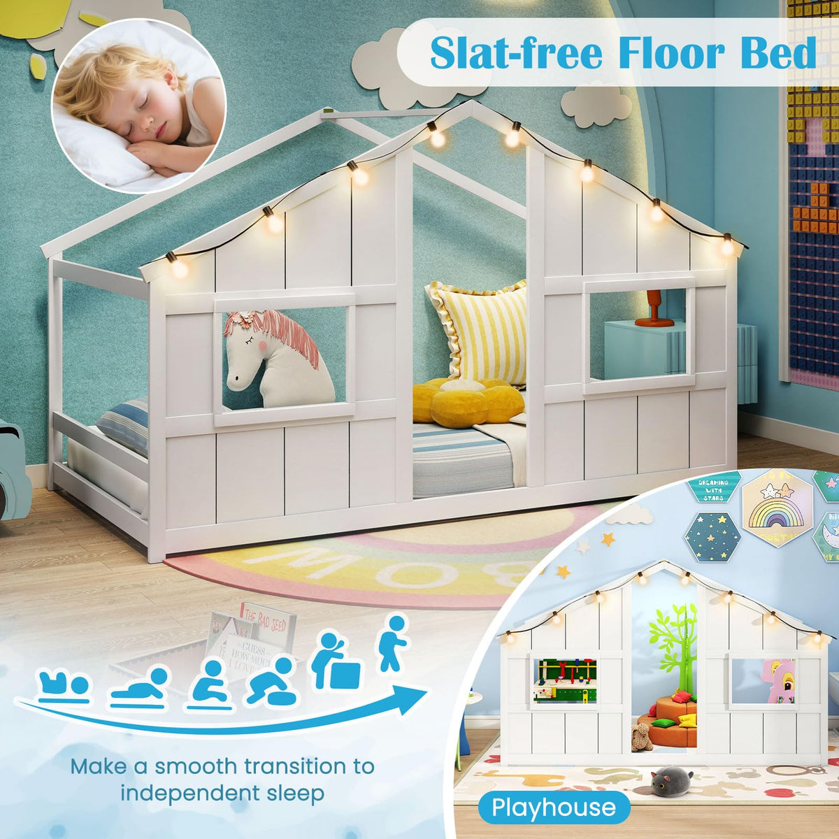 Goflame Twin Kids House Bed with Light Bulbs Wooden Montessori Floor Bed Frame with Roof & Windows