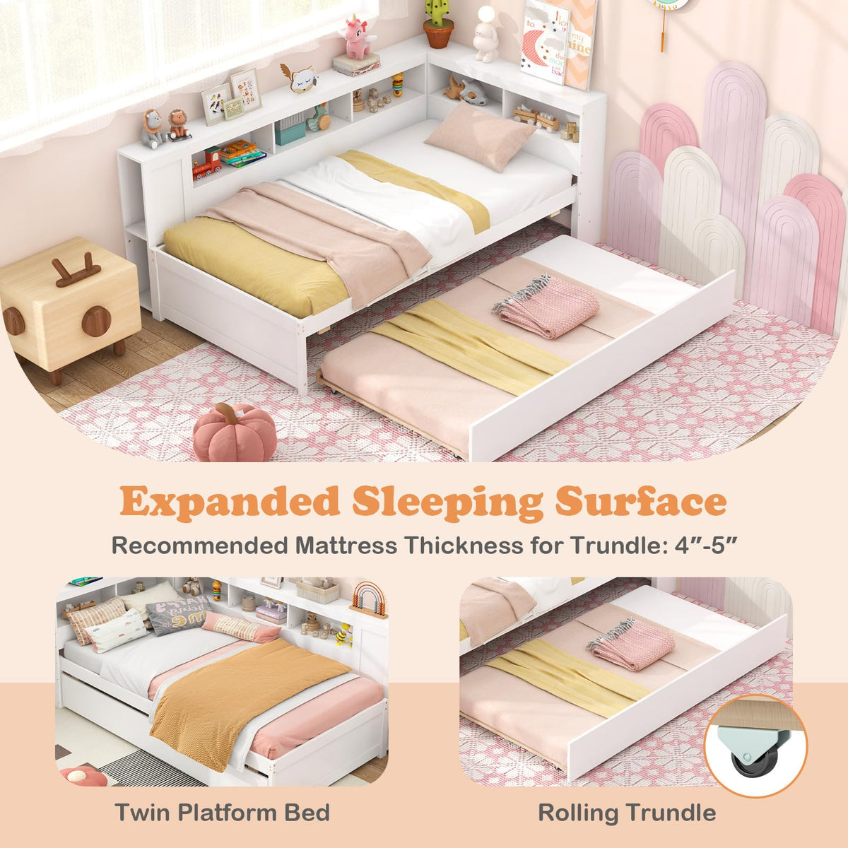 Goflame Twin Daybed with Trundle, Wood Twin Bed Frames with Storage Headboard, Reversible Bookcase