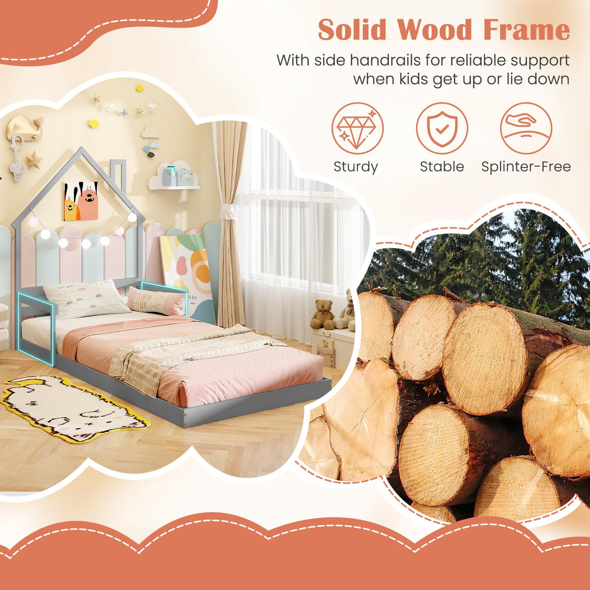 Goflame Twin Floor Bed for Kids, Wood Montessori Floor Bed with Chimney Headboard & Handrail