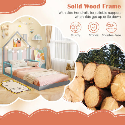 Goflame Twin Floor Bed for Kids, Wood Montessori Floor Bed with Chimney Headboard & Handrail