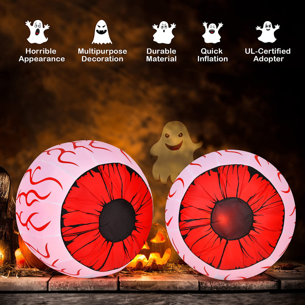 2 Pack 3 FT Halloween Inflatable Eyeballs W/ Air Blower, Red LED Lights