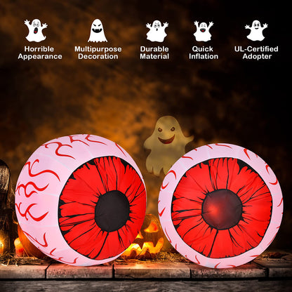 2 Pack 3 FT Halloween Inflatable Eyeballs W/ Air Blower, Red LED Lights