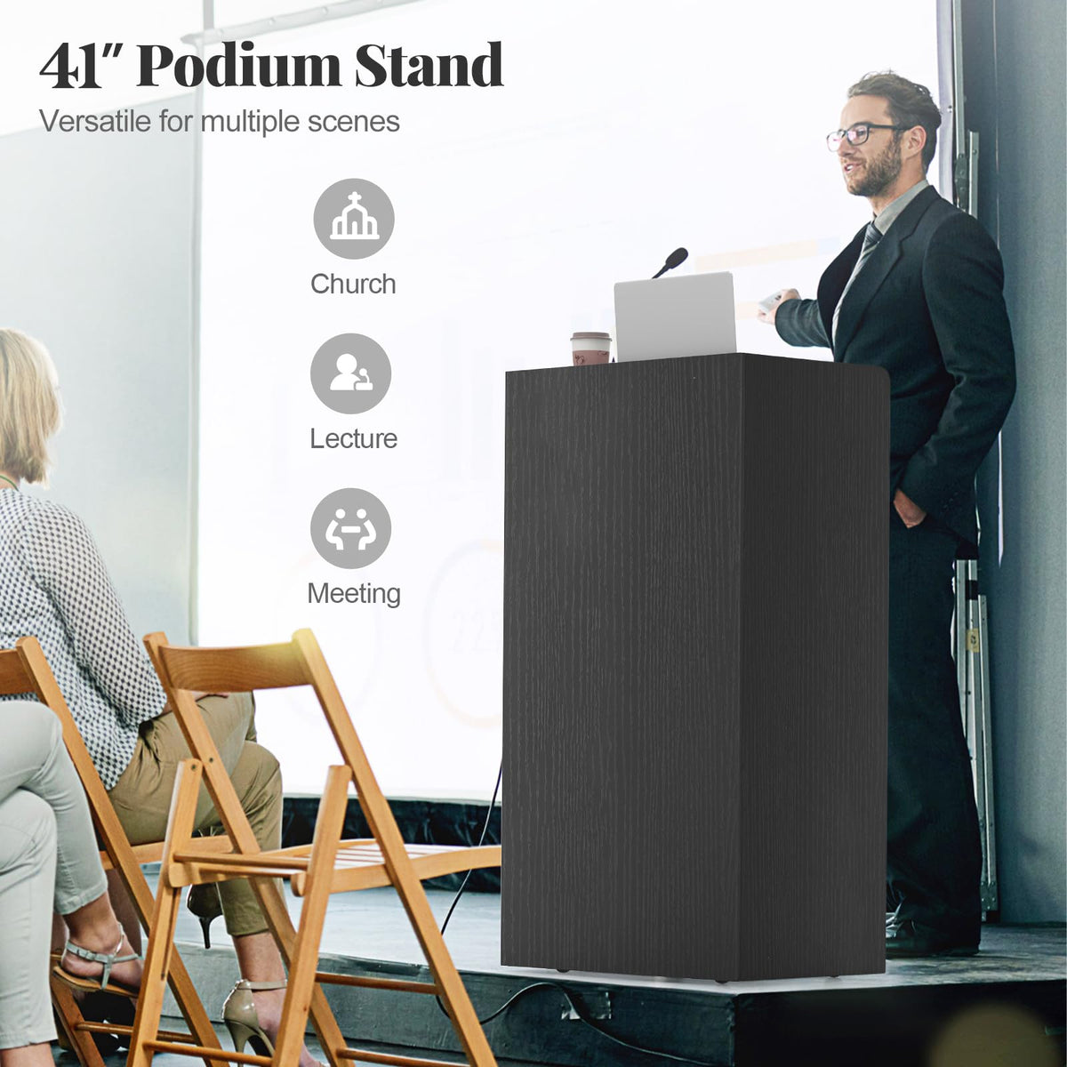 Goflame Portable Podium Stand, Lectern Podium with 2 Storage Shelves, 4 Universal Wheels, Mobile Speaking Podium Hostess Stand Pulpits