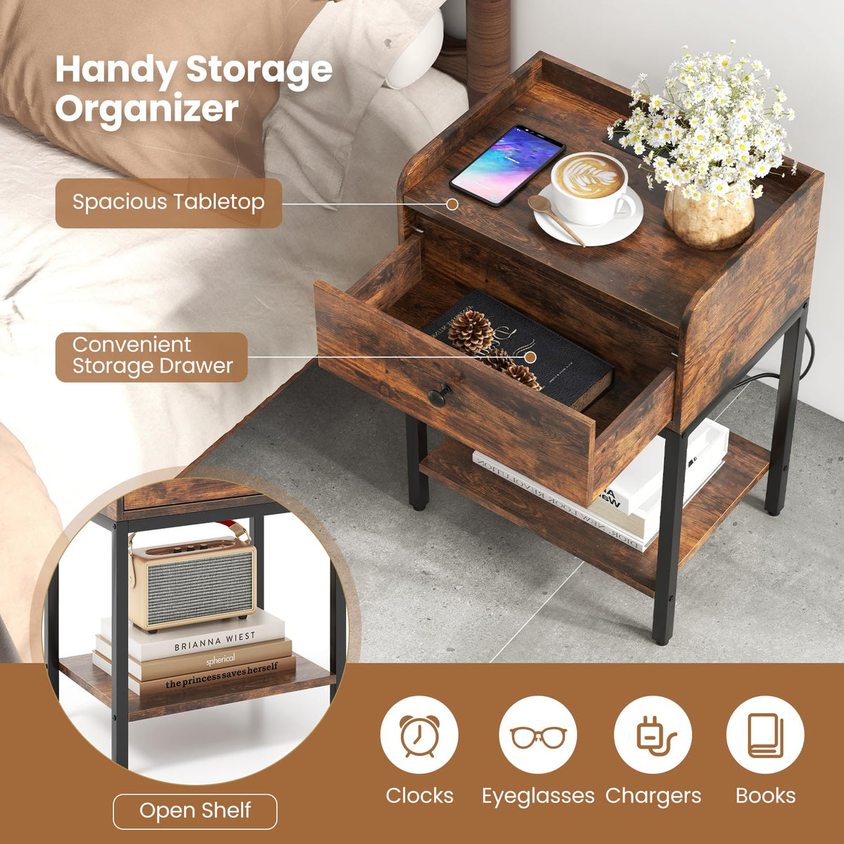 Goflame Nightstand with Charging Station, Industrial Bedside Table with Storage Drawer & Open Shelf