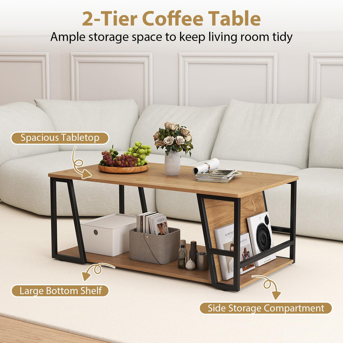 Goflame Rectangle Coffee Table 2-tier Industrial Accent Table with Storage Shelf and Compartment