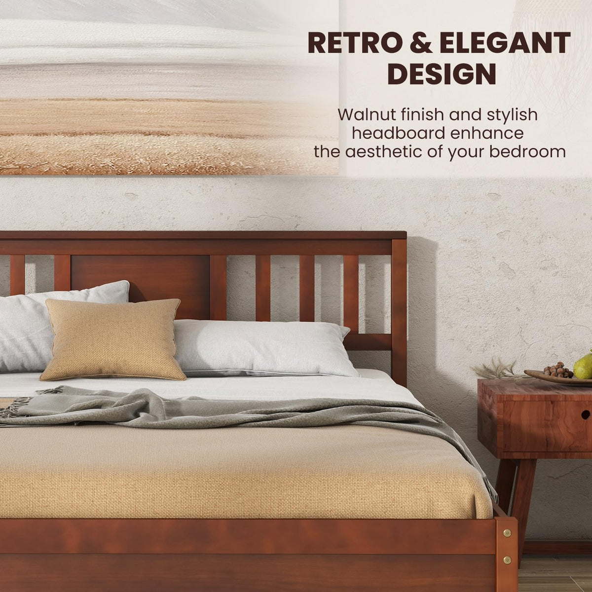 Goflame Solid Wood Platform Bed Frame, Mid Century Full Bed Frame with Headboard