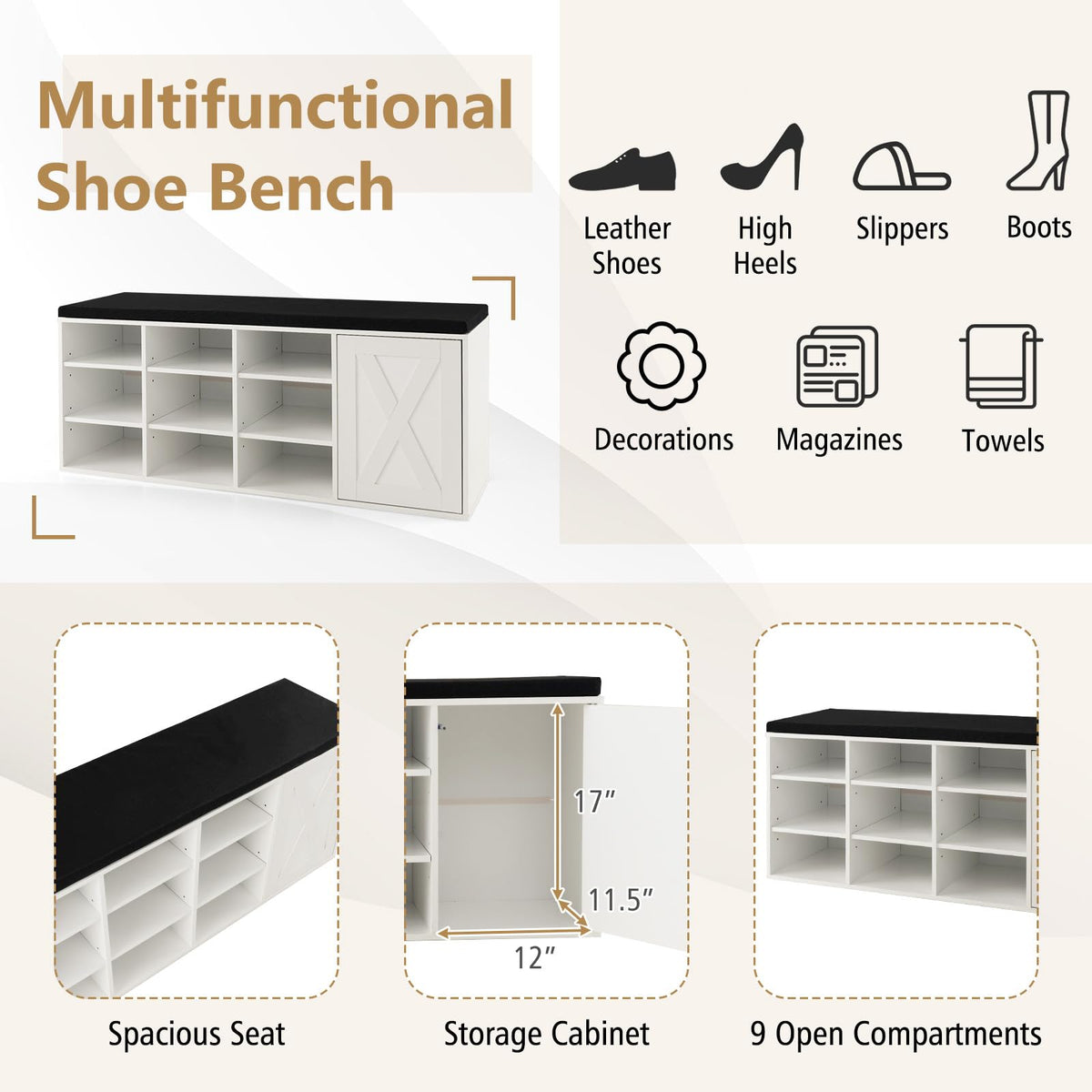 Goflame Shoe Bench, 3 Tier 9 Cubes Storage Bench with Adjustable Shelves (Rustic Brown)