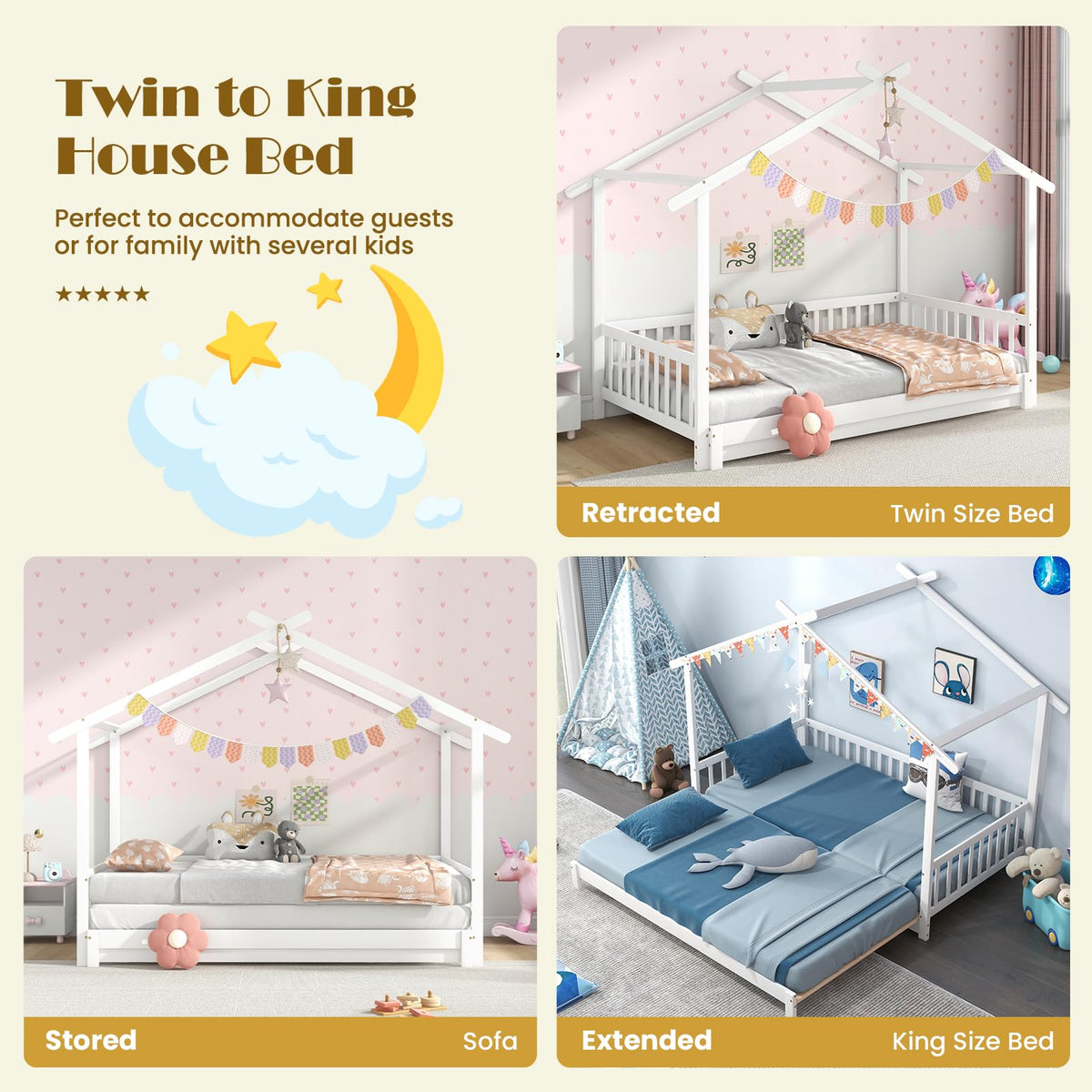 Goflame Extendable House Bed for Kids, Twin to King Daybed with Roof & Fence Rails, Wood Kids Bed Frame for Teens