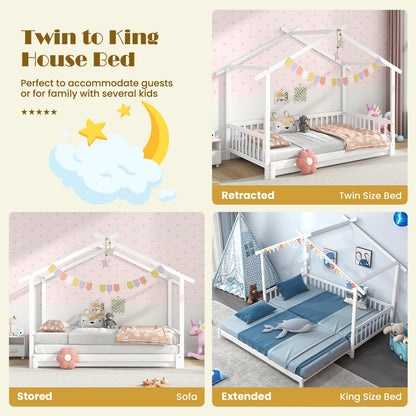 Goflame Extendable House Bed for Kids, Twin to King Daybed with Roof & Fence Rails, Wood Kids Bed Frame for Teens