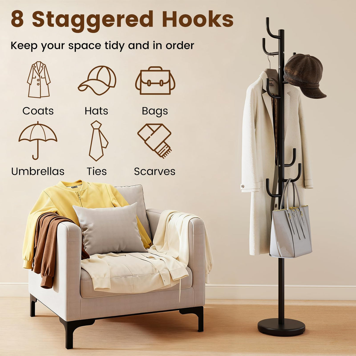 Goflame 69" Metal Coat Rack 8-Hook Cactus Clothes Stand
