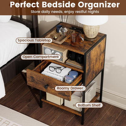 Goflame Night Stand with Charging Station for Bedroom Small Spaces