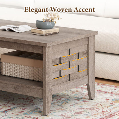 Goflame 2-Tier Farmhouse Coffee Table with Open Shelf and Woven Decorations for Living Room