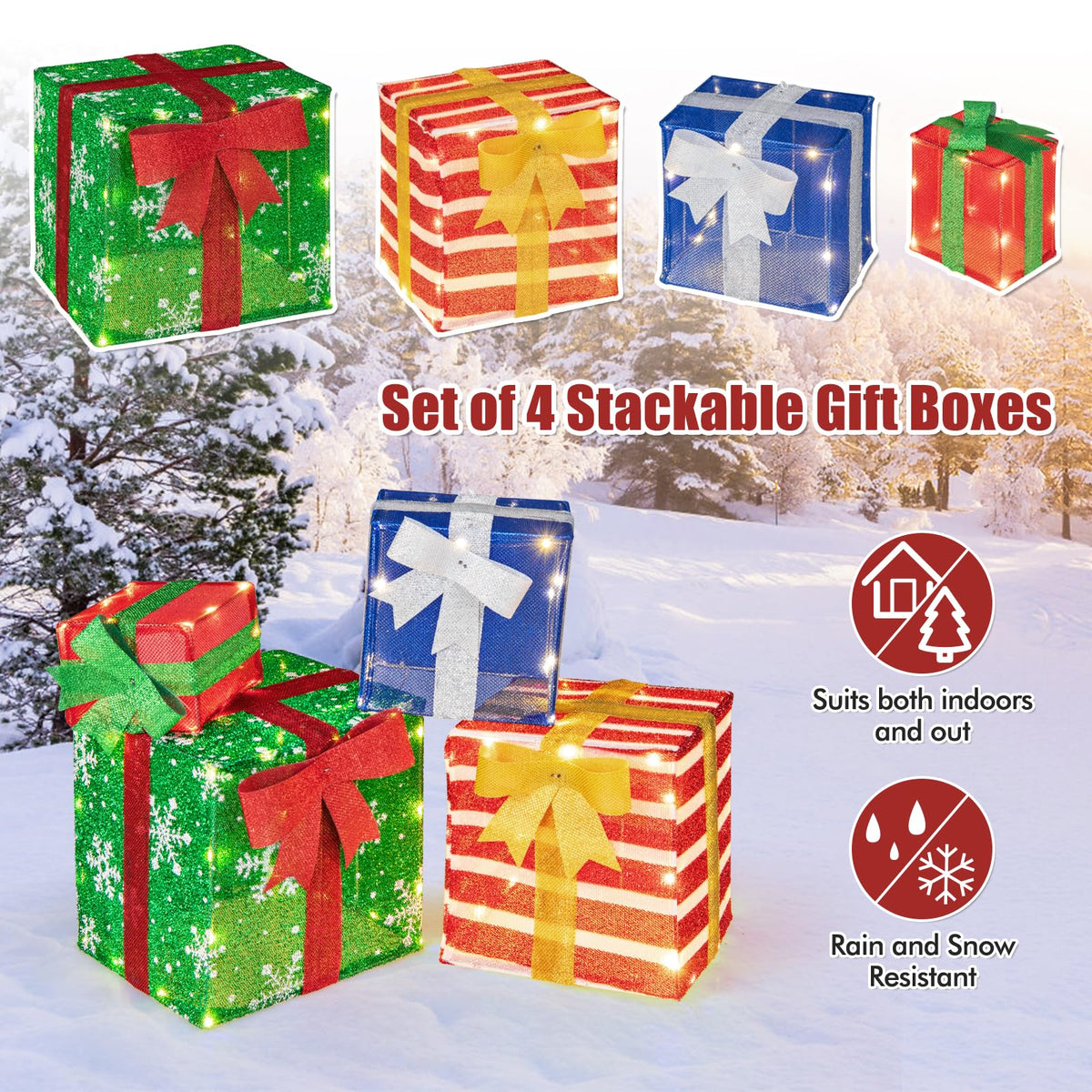 Goflame Lighted Gift Boxes, Set of 4 Stackable Pre-lit Box Decorations with Warm White LED Lights & Pre-Assembled Ribbons