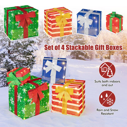 Goflame Lighted Gift Boxes, Set of 4 Stackable Pre-lit Box Decorations with Warm White LED Lights & Pre-Assembled Ribbons