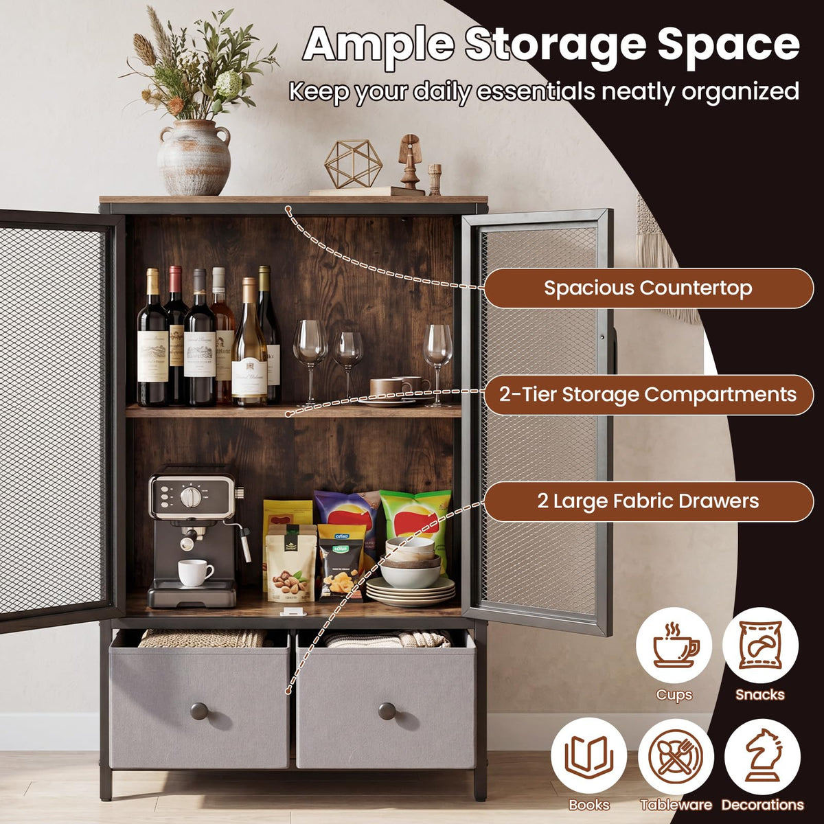 Goflame Industrial Coffee Bar Cabinet with Adjustable Shelves & 2 Removable Cloth Drawers