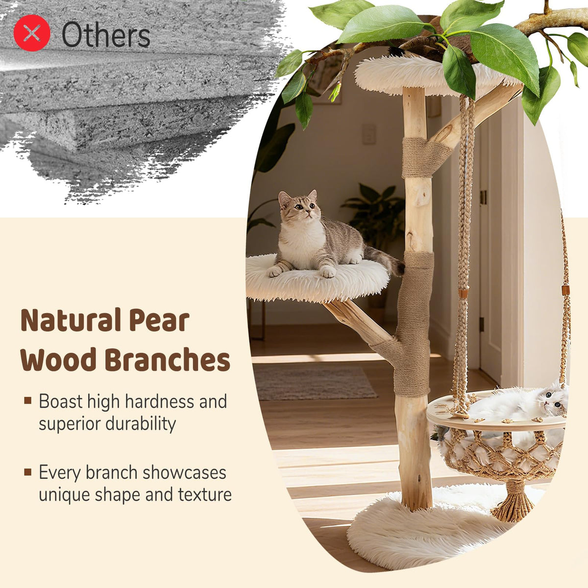48.5" Solid Wood Cat Tree, Natural Branch Modern Kitten Tower w/ Hanging Cradle, Jute Scratching Post, Perch, Padded Platform, Soft Plush, Luxury Condo, 4-Tier Indoor Cat Climbing Furniture