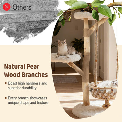 48.5" Solid Wood Cat Tree, Natural Branch Modern Kitten Tower w/ Hanging Cradle, Jute Scratching Post, Perch, Padded Platform, Soft Plush, Luxury Condo, 4-Tier Indoor Cat Climbing Furniture
