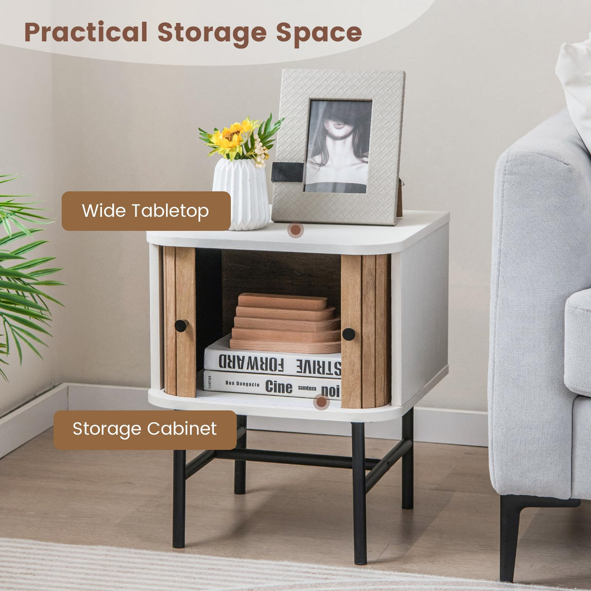 Goflame Mid-Century Modern Nightstand, Wood Bedside Table with Sliding Doors and 4 Metal Legs