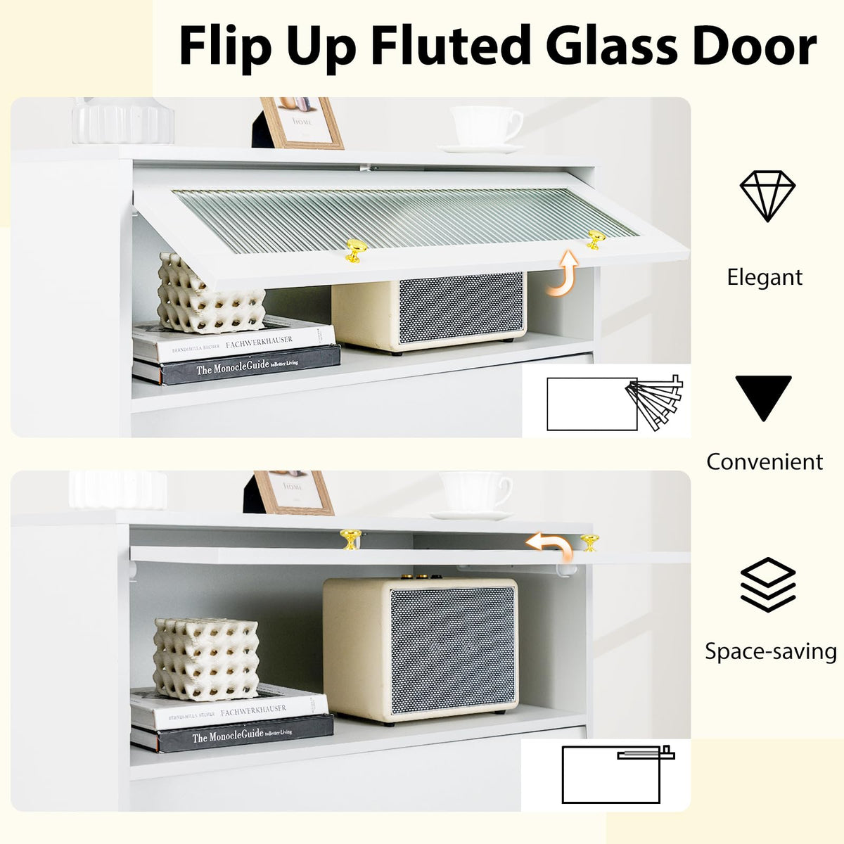Goflame 4-Drawer Dresser with Flip Up Fluted Glass Door