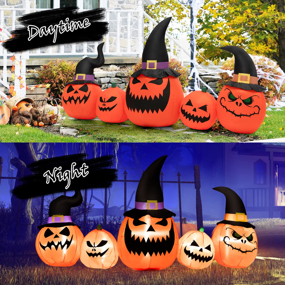 8 FT Long Halloween Inflatable Pumpkin Patch Family, 5 PCS Halloween Blow up Pumpkins with Built-in LED Lights & Blower