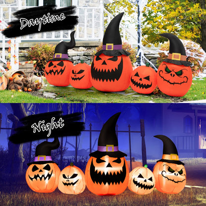 8 FT Long Halloween Inflatable Pumpkin Patch Family, 5 PCS Halloween Blow up Pumpkins with Built-in LED Lights & Blower