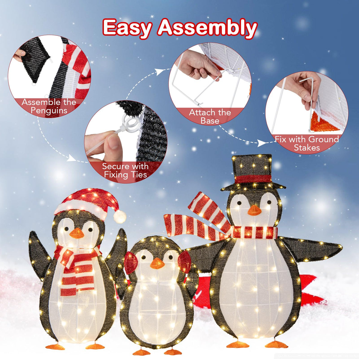 Goflame Set of 3 Lighted Christmas Penguins with LED Lights Outdoor Glowing Holiday Display