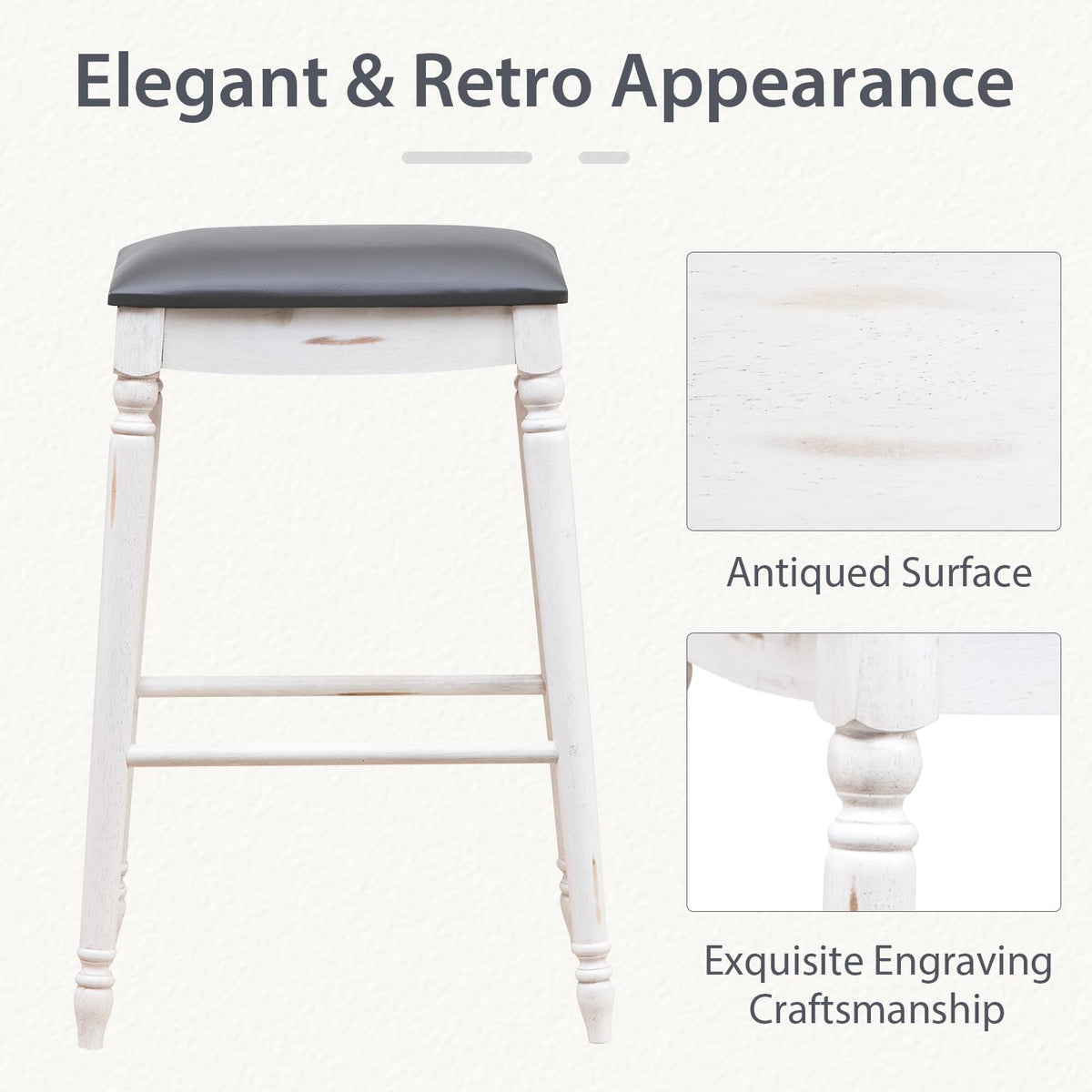 Goflame Bar Stools, 29"/24" Bar Height Saddle Stools w/Padded Seat, Rubber Wood Legs, Footrests & Antiqued Surface