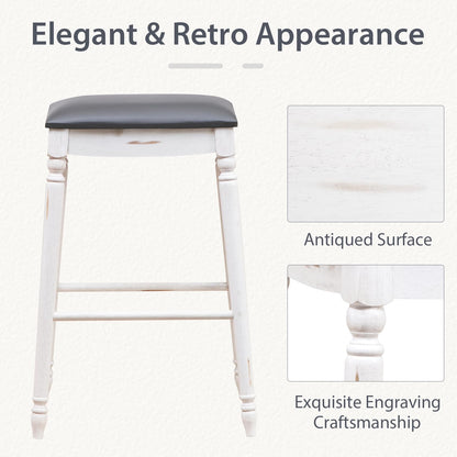Goflame Bar Stools, 29"/24" Bar Height Saddle Stools w/Padded Seat, Rubber Wood Legs, Footrests & Antiqued Surface