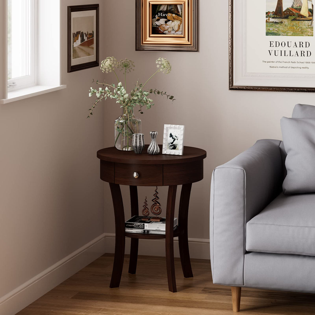 Goflame Round End Table with Drawer, 2-Tier Wood Side Table w/Open Shelf