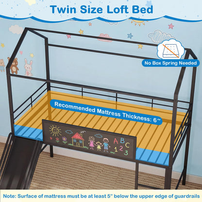 Goflame Twin Size House Loft Bed | Low Loft Bedframe w/Roof
