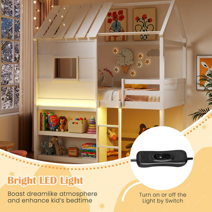 Goflame Twin Size Loft Bed with LED Lights Roof Window and Storage Bookshelf