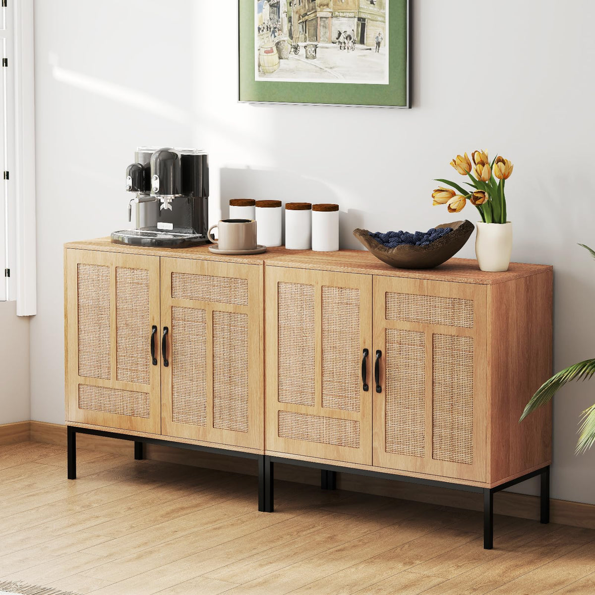 Goflame Sideboard Cabinet Boho Rattan Buffet Cabinet with Storage Adjustable Shelves 2 Doors
