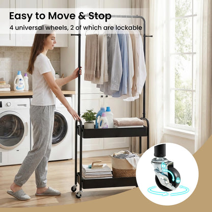 Goflame Heavy-Duty Rolling Clothes Rack with 2 Storage Baskets & Side Hooks