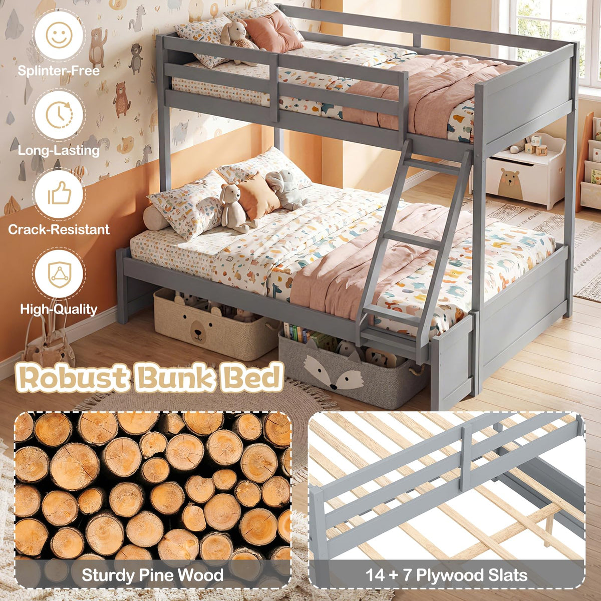 Goflame Twin Over Full Bunk Bed Wood Bunk Bed
