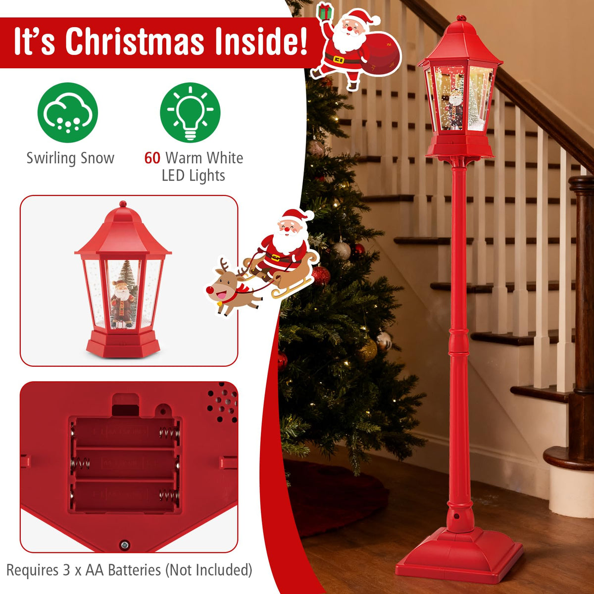 Goflame 2-in-1 Musical Lamp Post & Snow Globe Lantern (Snowing Santa)