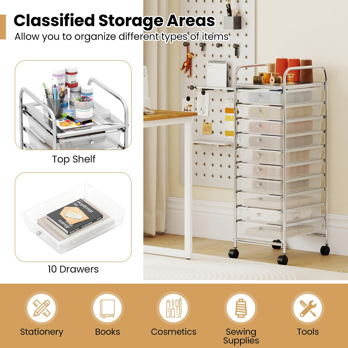 Goflame 10-Drawer Rolling Storage Cart with Metal Frame and Lockable Universal Wheels